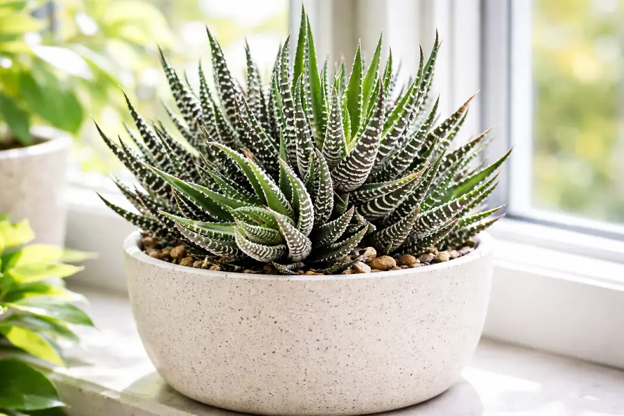 Best Direct Sunlight Plants for Small Indoor Spaces - Zebra haworthia on a sunlit windowsill