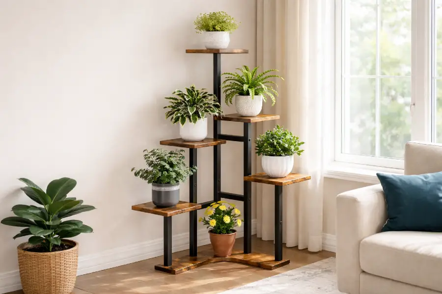 Corner Plant Shelf Ideas (Indoor Corner Shelf Plant Displays) Tiered plant stand in bright room