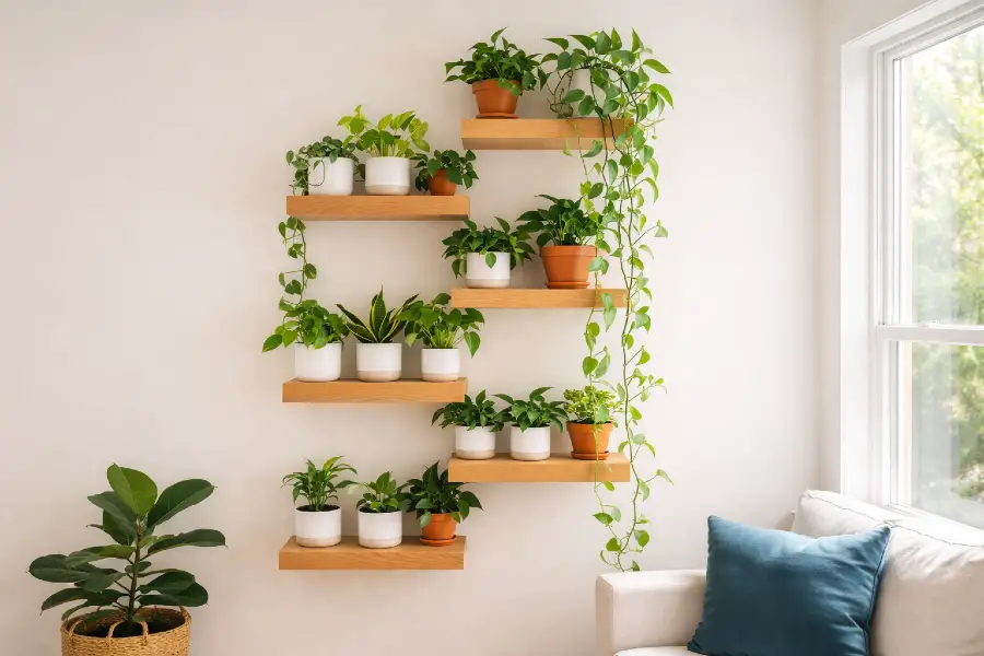 Floating Plant Shelf Ideas (Wall Shelf Plant Decor Ideas) - Floating shelves with lush greenery